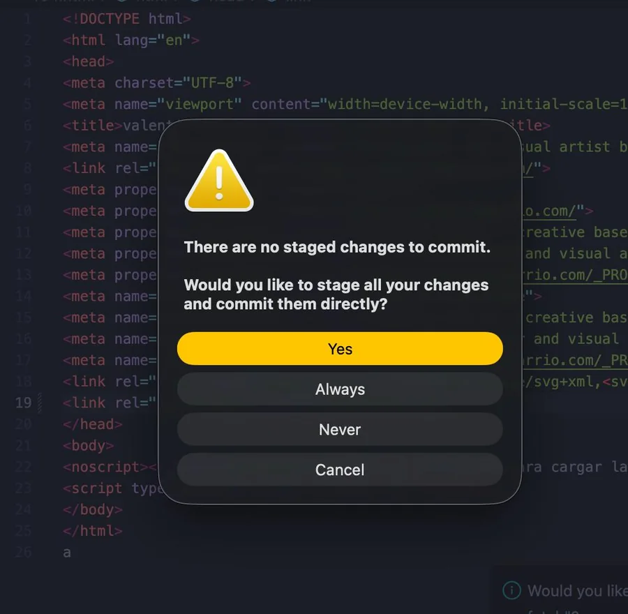 Aviso en inglés: There are no staged changes to commit