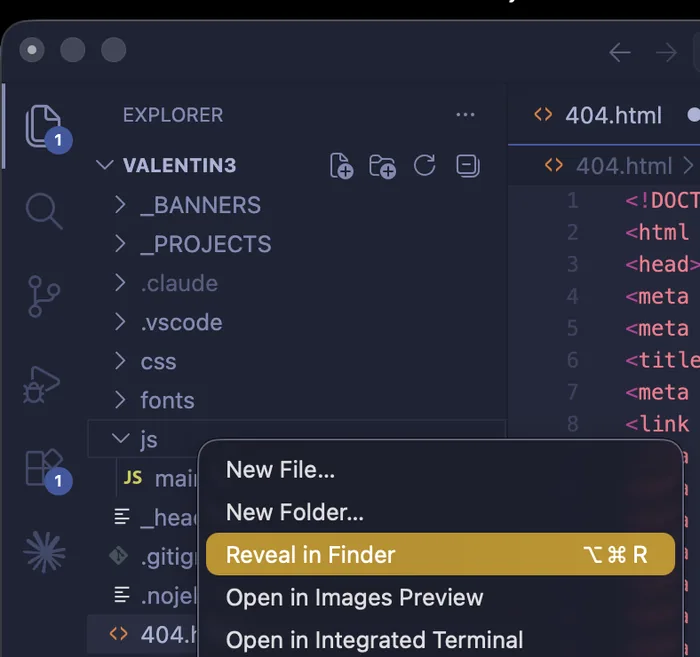 Ejemplo de menú al hacer clic derecho en VS Code