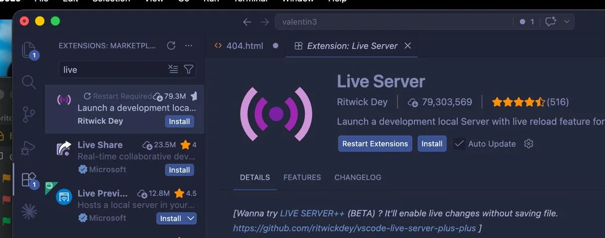 Vista de extensiones con Live Server de Ritwick Dey