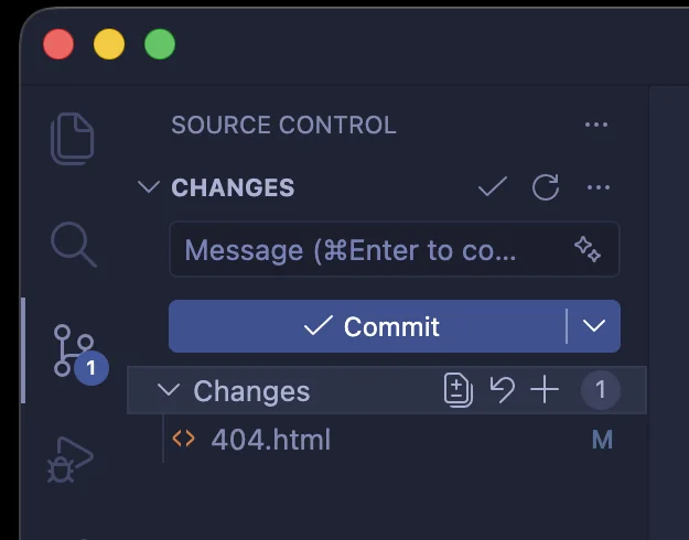 Panel Source Control con la caja Message y el botón Commit
